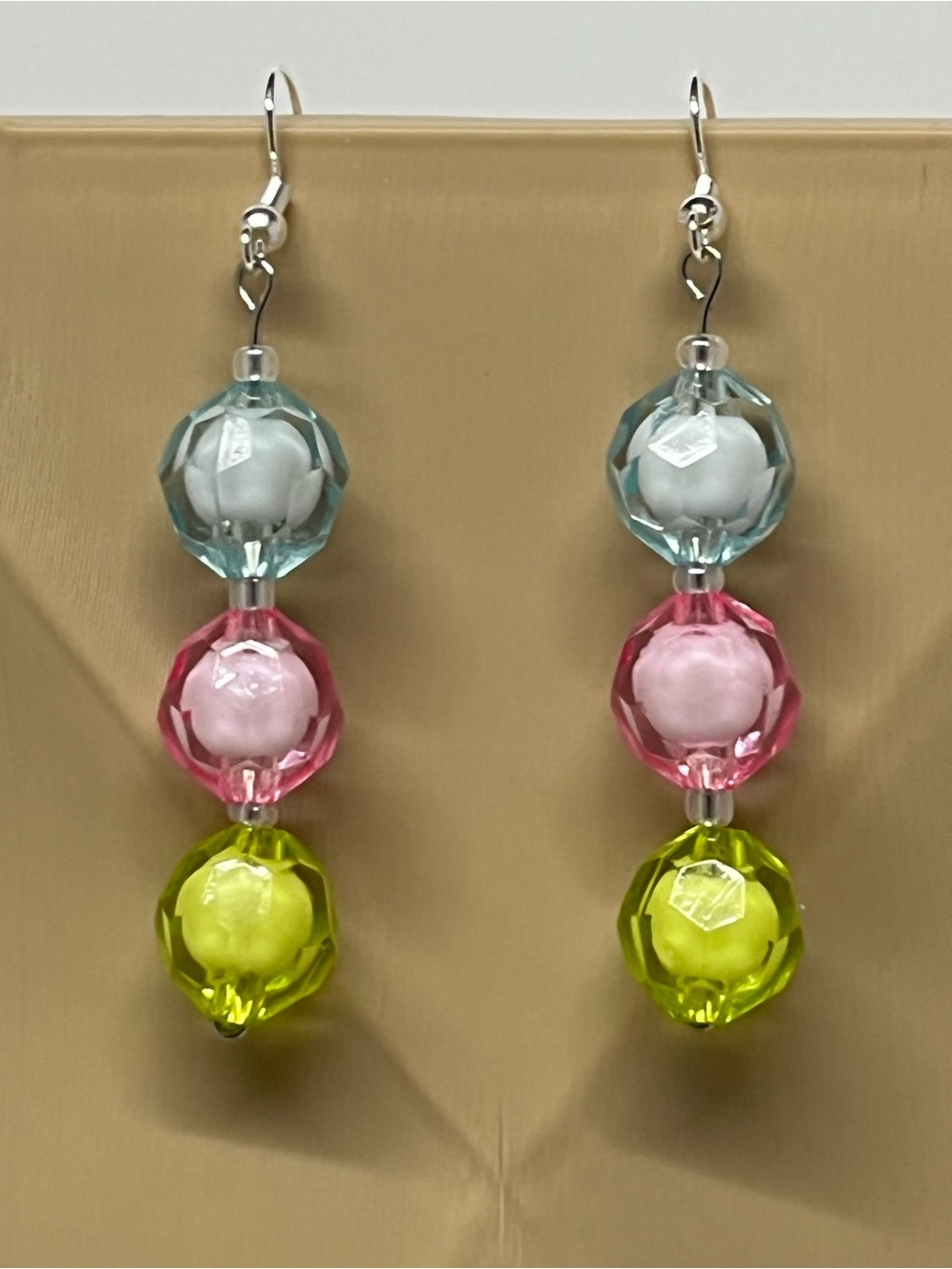 "Secret Garden" Hand Crafted Triple-Bead Drop Earrings - Aqua, Pink & Lime